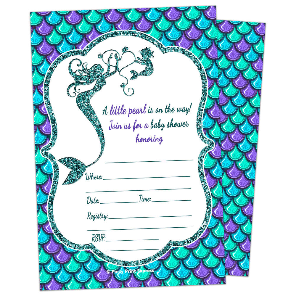 Printed Fill In Blank Glitter Mermaid Baby Shower Invitations